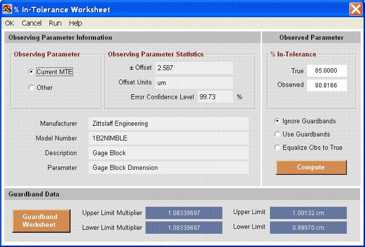 AccuracyRatio Measurement Decision Risk Analysis Software - % In-Tolerance Worksheet