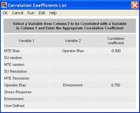 AccuracyRatio Measurement Decision Risk Analysis Software - Correlation Coefficients List Screen