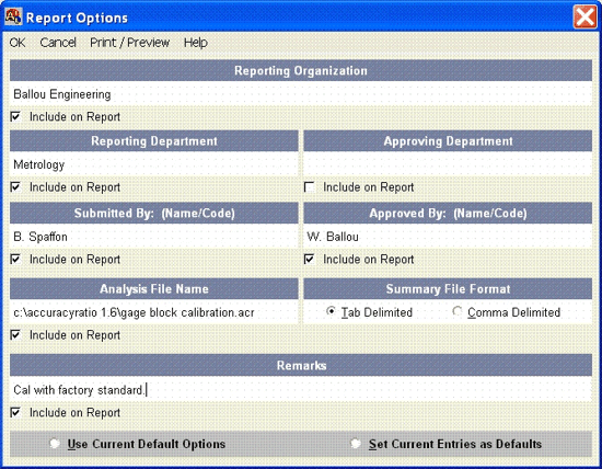 AccuracyRatio Measurement Decision Risk Analysis Software - Report Options Screen