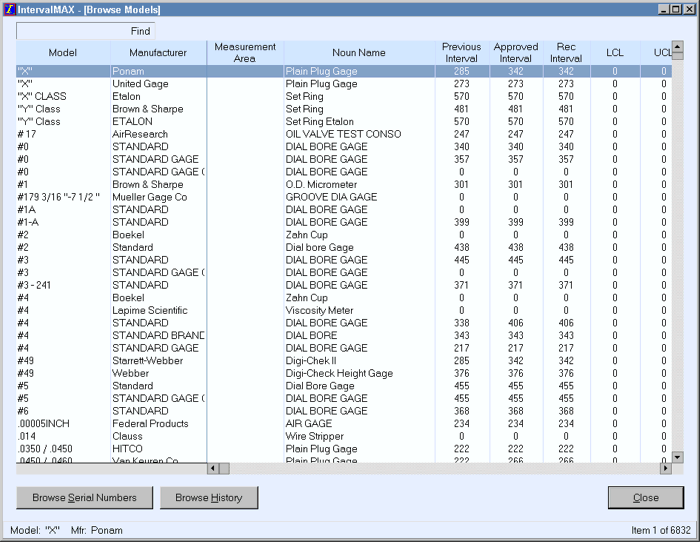 IntervalMAX Calibration Interval Analysis Software - Browse Models Screen