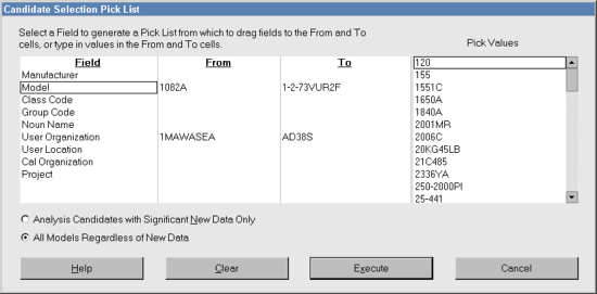 IntervalMAX Calibration Interval Analysis Software - Candidate Pick List Screen