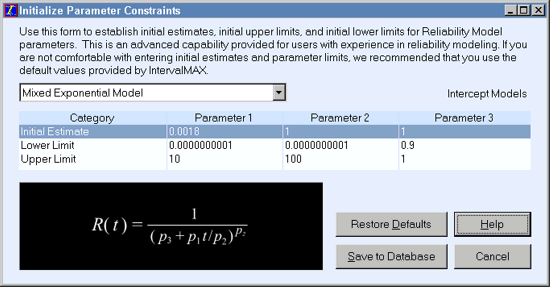 IntervalMAX Calibration Interval Analysis Software - Reliability Model Parameter Constraints Screen