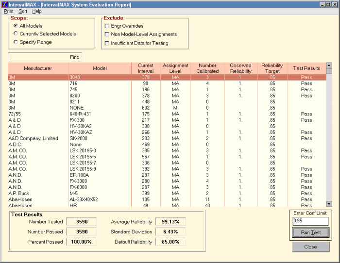 IntervalMAX Calibration Interval Analysis Software - System Evaluation Report Screen