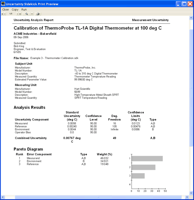 Uncertainty Sidekick Pro Measurement Uncertainty Analysis Software - Print Preview Screen