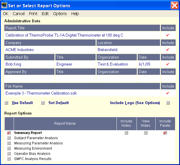 Uncertainty Sidekick Pro Measurement Uncertainty Analysis Software - Report Options Screen