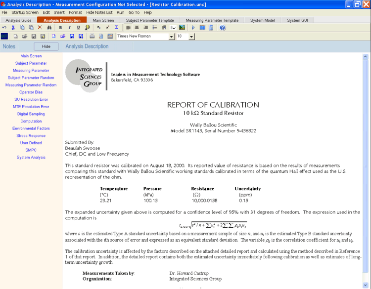 UncertaintyAnalyzer Measurement Uncertainty Analysis Software - Analysis Description Screen