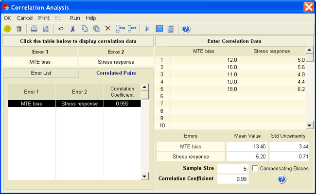 UncertaintyAnalyzer Measurement Uncertainty Analysis Software - Correlation Analysis Screeen