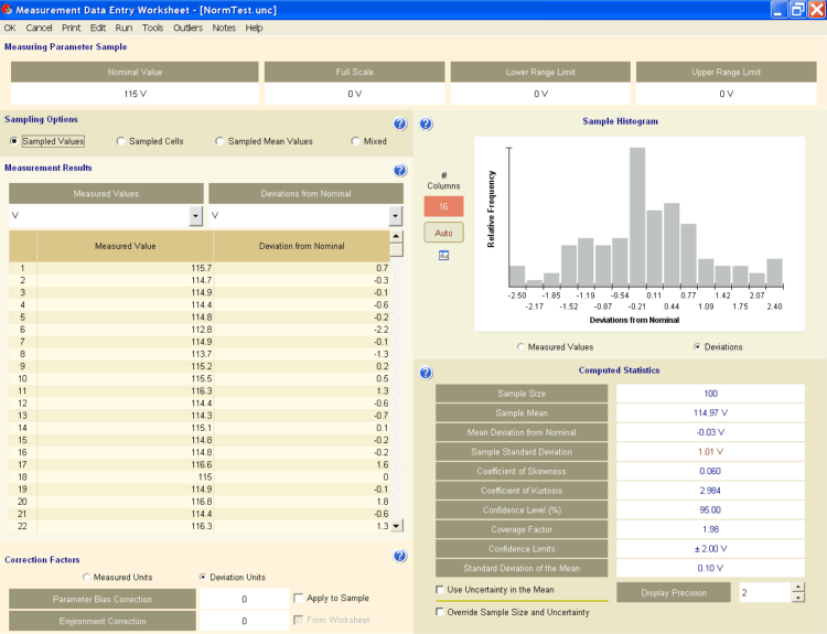 UncertaintyAnalyzer Measurement Uncertainty Analysis Software - Measurement Data Entry Worksheet