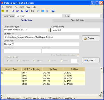 UncertaintyAnalyzer Measurement Uncertainty Analysis Software - Data Import Screen