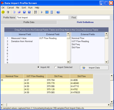 UncertaintyAnalyzer Measurement Uncertainty Analysis Software - Data Import Screen