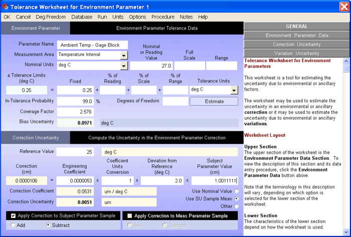 UncertaintyAnalyzer Measurement Uncertainty Analysis Software - Environment Parameter Tolerance Worksheet 