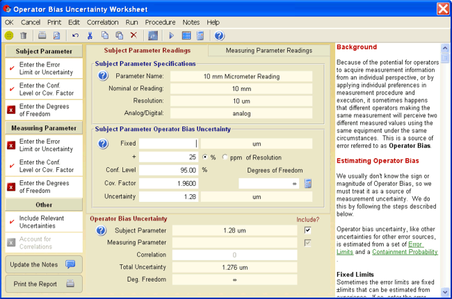 UncertaintyAnalyzer Measurement Uncertainty Analysis Software - Operator Bias Uncertainty Worksheet 