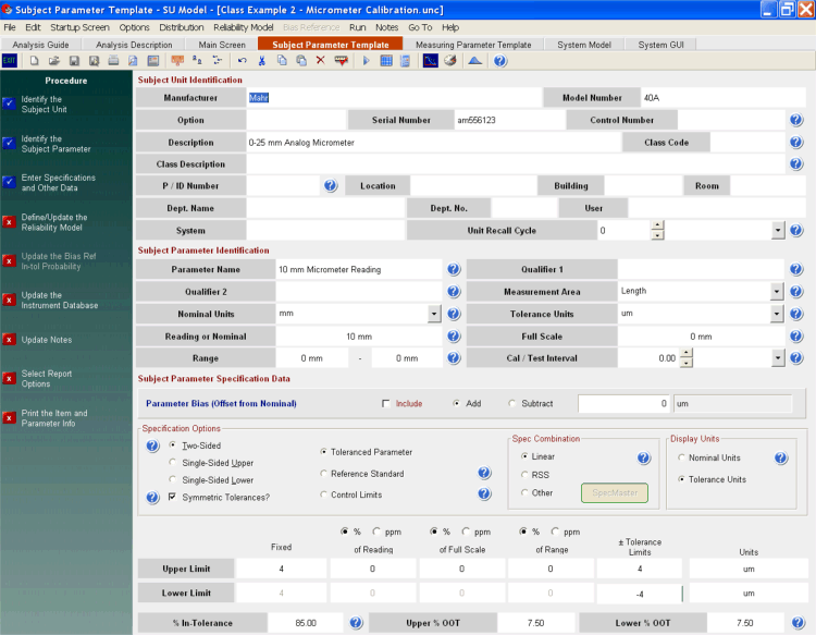 UncertaintyAnalyzer Measurement Uncertainty Analysis Software - Parameter Template