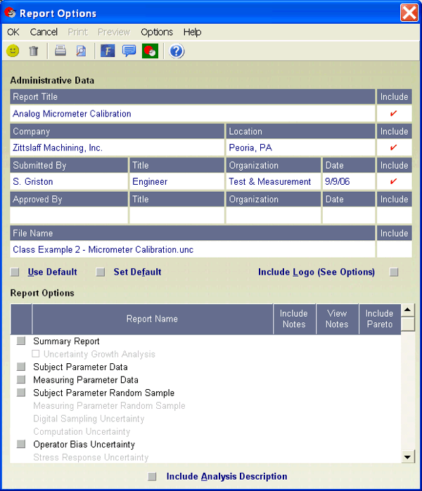 UncertaintyAnalyzer Measurement Uncertainty Analysis Software - Report Options Screen