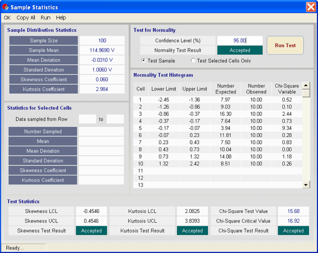 UncertaintyAnalyzer Measurement Uncertainty Analysis Software - Sample Statistics Screen