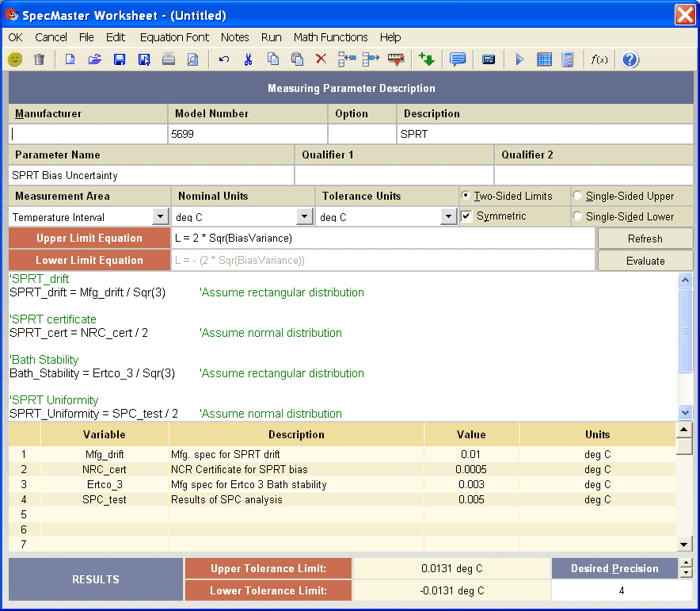 UncertaintyAnalyzer Measurement Uncertainty Analysis Software - SpecMaster Worksheet