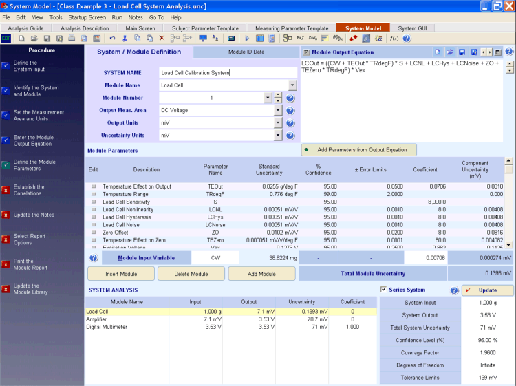 UncertaintyAnalyzer Measurement Uncertainty Analysis Software - System Model Screen